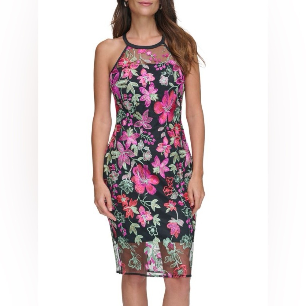 Guess Floral Illusion Sheath Embroidered Mid Length  Black Dress SZ 4